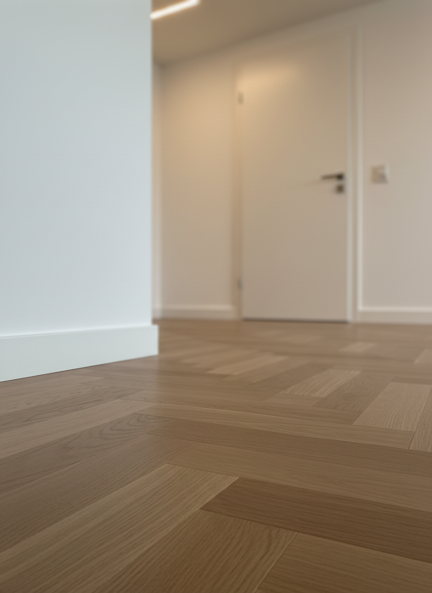 A close-up of a high-quality parquet floor installation in a renovated living space, featuring medium-toned oak planks with subtle natural grain and a matte finish. Each board is perfectly aligned, with tight joints and precise transitions to a sleek white wall and minimalist skirting board. In the background, slightly out of focus, a modern interior door with a smooth panel and refined handle stands closed, demonstrating expert door mounting. Warm, indirect artificial lighting from a ceiling fixture bathes the scene, adding soft highlights to the wood texture and gentle shadows where floor meets wall. Shot from a low, angled perspective to accentuate depth and craftsmanship, in a crisp, professional photographic style that communicates quality and attention to detail.
