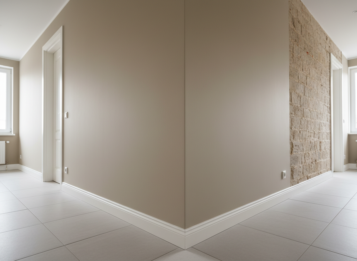 An apartment interior corridor with one wall fully covered by an expertly installed internal thermal insulation system, finished with smooth plaster and elegant neutral-toned paint. The insulated wall meets a traditional masonry wall at a perfectly straight joint, highlighting energy-efficient renovation work. A neatly framed doorway and baseboards in white wood run along the corridor, all impeccably aligned. Soft overcast daylight enters from a distant window, creating a calm, even illumination that reveals the flawless surface textures. Captured from a low, slightly angled perspective, the image uses leading lines to draw the eye along the corridor, conveying a sense of technical precision, comfort, and professionalism in a clean, photographic realism style.