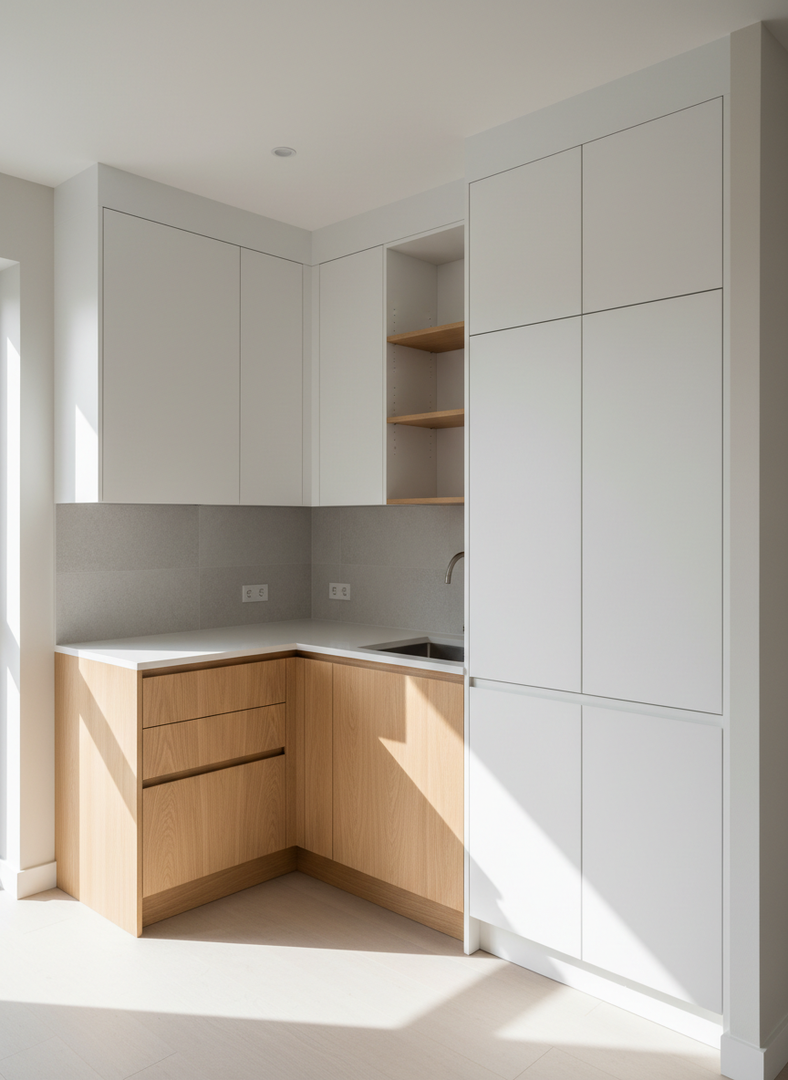A bright, newly refurbished kitchen corner where custom-fitted cabinets and shelving have been perfectly mounted against flawlessly painted cartongesso walls. Matte white wall units and light wood lower cabinets align seamlessly, with precise joints around an integrated niche and backsplash. On the right, a built-in closet with smooth doors showcases exact spacing and hardware alignment, illustrating expert furniture and arredi installation. Natural mid-morning light streams in from an off-frame window, casting soft, linear shadows that highlight the geometry of the joinery. Photographed from a slightly elevated angle with sharp focus throughout, the composition feels organized, modern, and reliable, in a realistic photographic style ideal for presenting high-end interior assembly and rifiniture services.